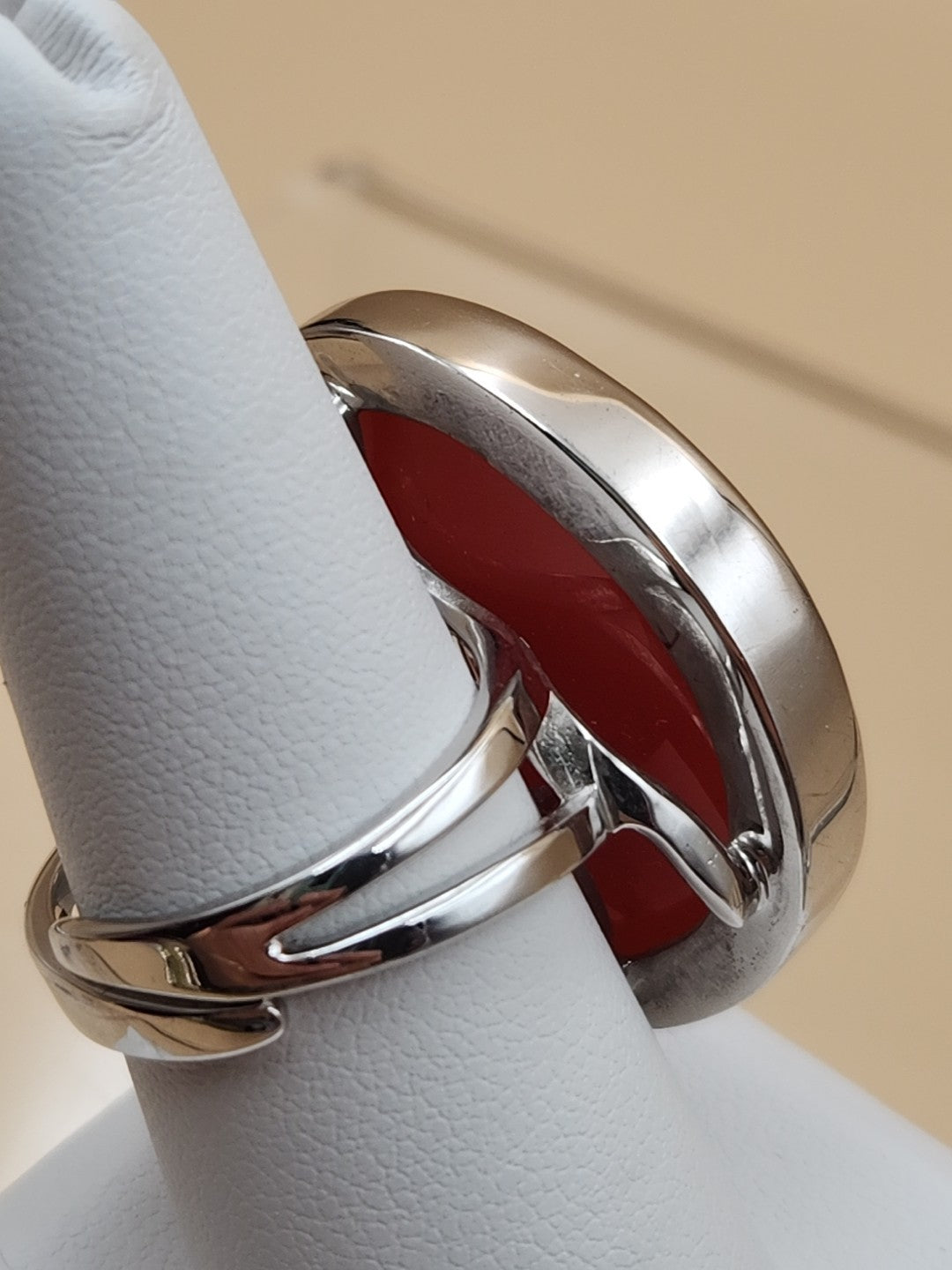 Sterling Silver/Druzy Orange Agate Cabochon/Polished Adjustable Ring Size 7.75 +