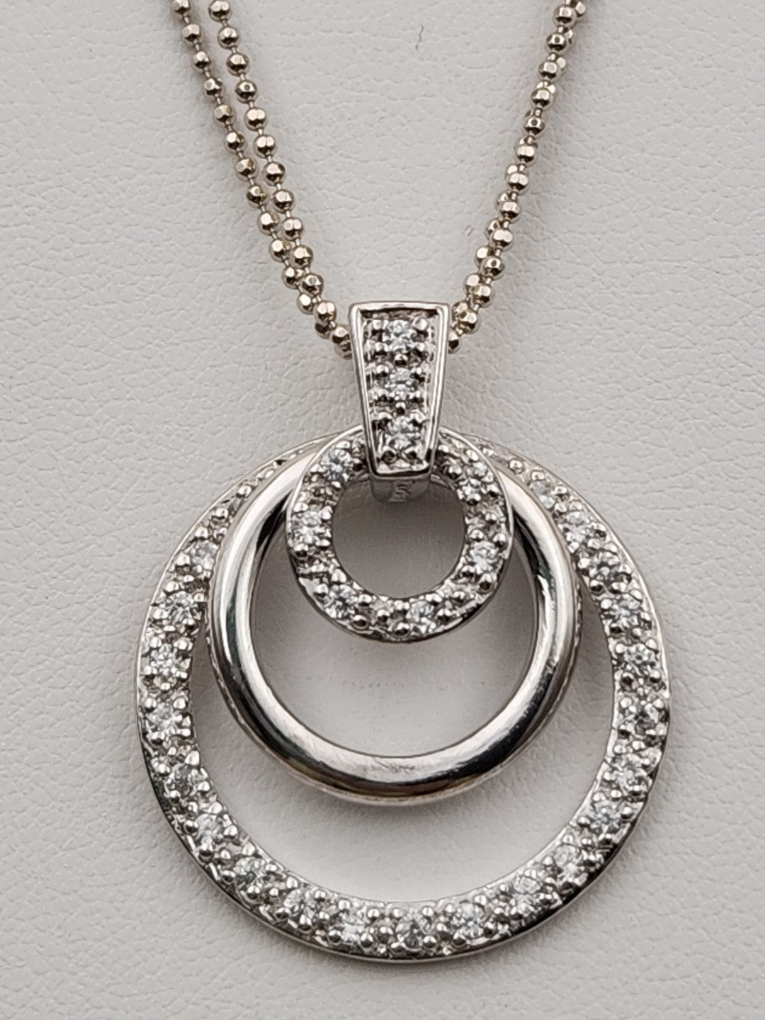 Sterling Silver Dbl. Beaded Chain/ Triple Circle Crystal Pendant & Earrings Set