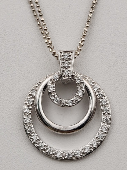 Sterling Silver Dbl. Beaded Chain/ Triple Circle Crystal Pendant & Earrings Set