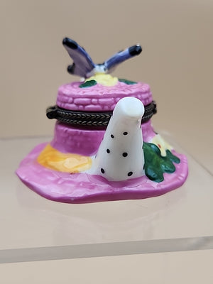 Limoges Hand Painted Teapot Sunhat With Butterfly/Flowers Porcelain Trinket Box